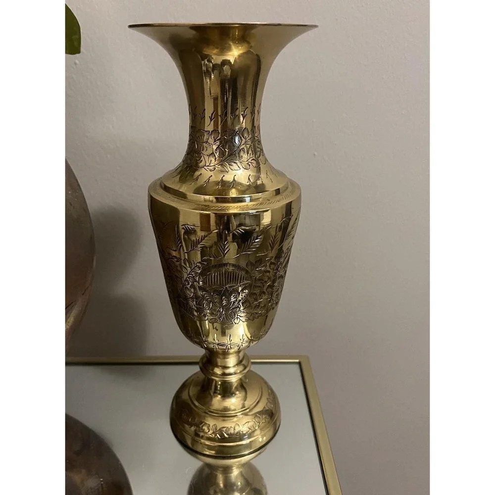 Vintage Brass Engraved Vase Floral Etched Ornate Decor Pedestal Vase India